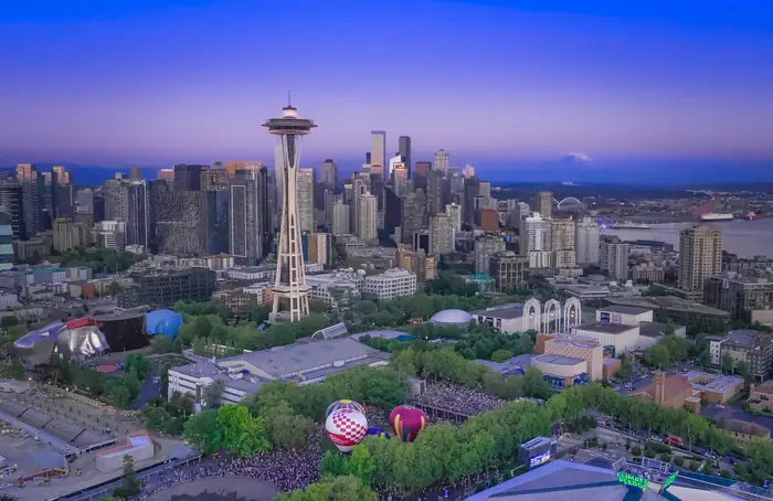 The Seattle skyline and Space Needle at dusk during The Seattle Glow